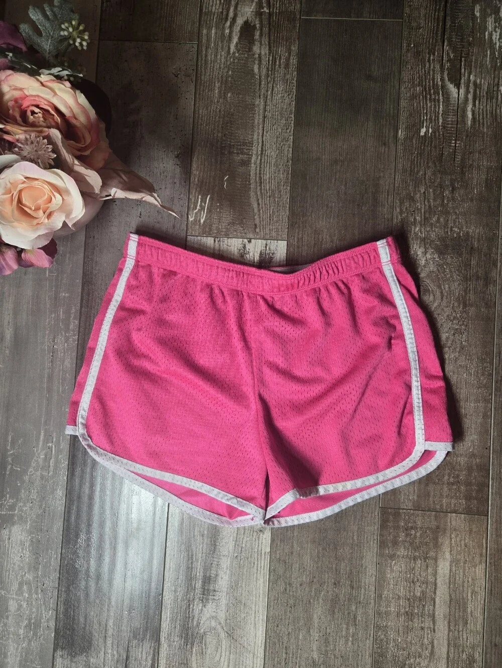 Justice Girls Pink Athletic Mesh Shorts with White Contrast Trim Size 16